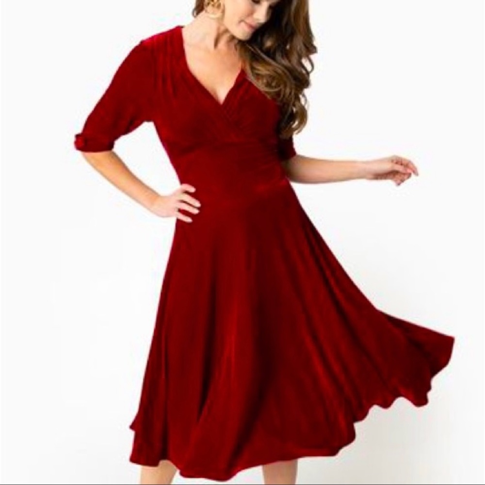 NWT Unique Vintage 1950s Burgundy Red Velvet Delores Swing Dress